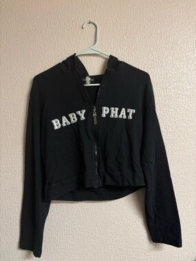 Baby Phat Black Zip-Up Cropped Hoodie with White Lettering